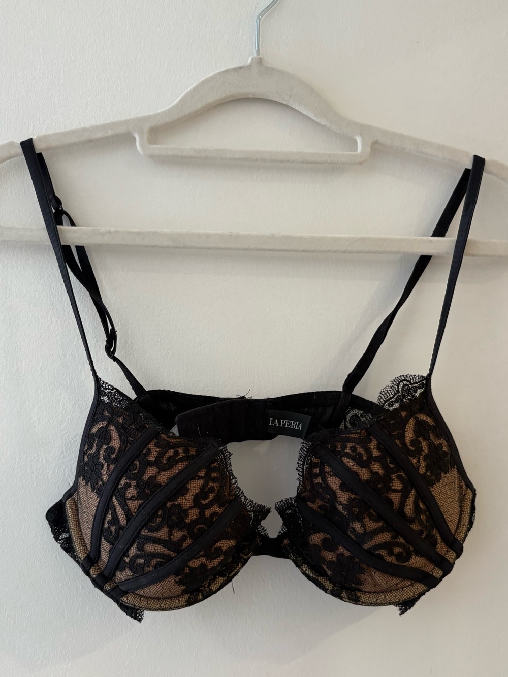 La Perla Black Lace Bra with Nude Underlay Size 34B